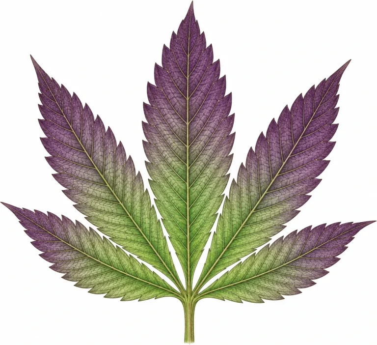 Close-up of a cannabis leaf fading from green to purple due to anthocyanins