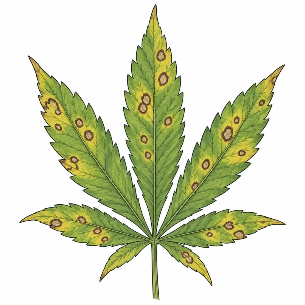 Anthracnose cannabis leaf with sunken brown lesions, dark borders and visible fungal spore masses