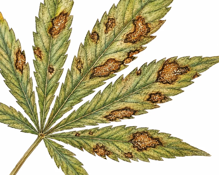 Anthracnose Cannabis eingesunkene Blattflecken mit Sporenmassen Detail