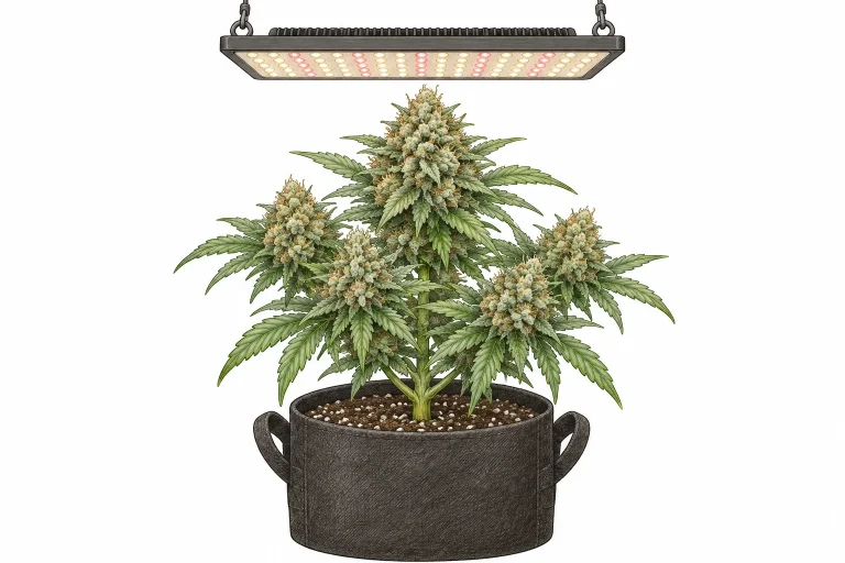 Small autoflower with compact, dense buds in late flowering under an LED grow light
