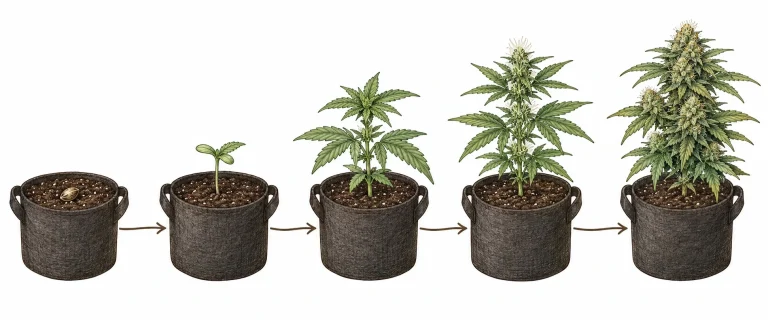 Life cycle of an autoflowering cannabis plant in five growth stages
