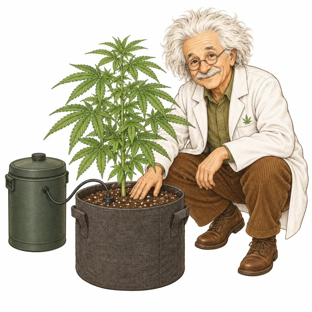 Automatic watering system for cannabis: an Autopot tray next to Blumat clay cones