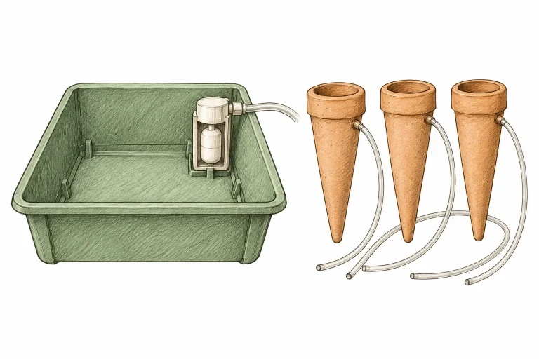 Autopot watering tray with float valve next to three Blumat clay cones with tubing