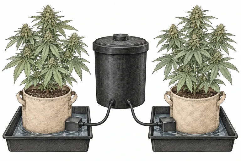 Autopot system: two flowering cannabis plants in fabric pots on trays, connected by tubing to a black water tank