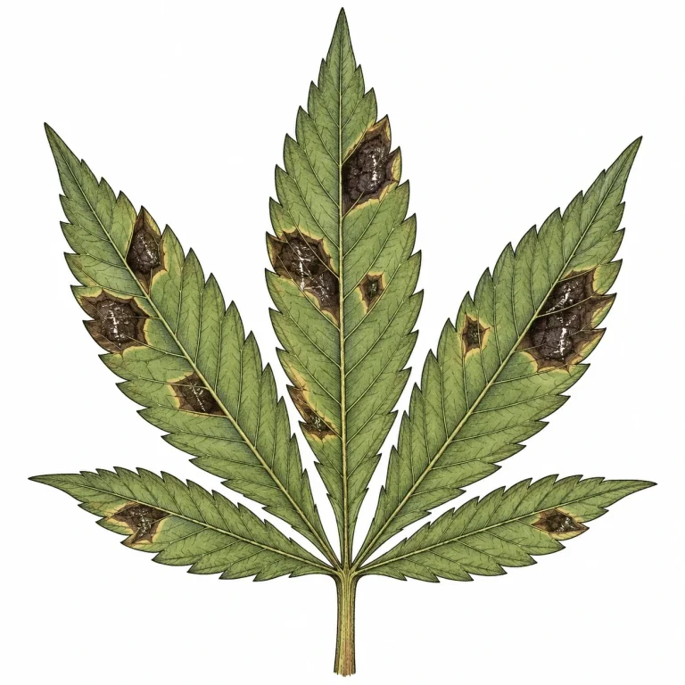 Cannabisblatt mit dunklen, wässrig wirkenden Flecken durch bakterielle Infektion