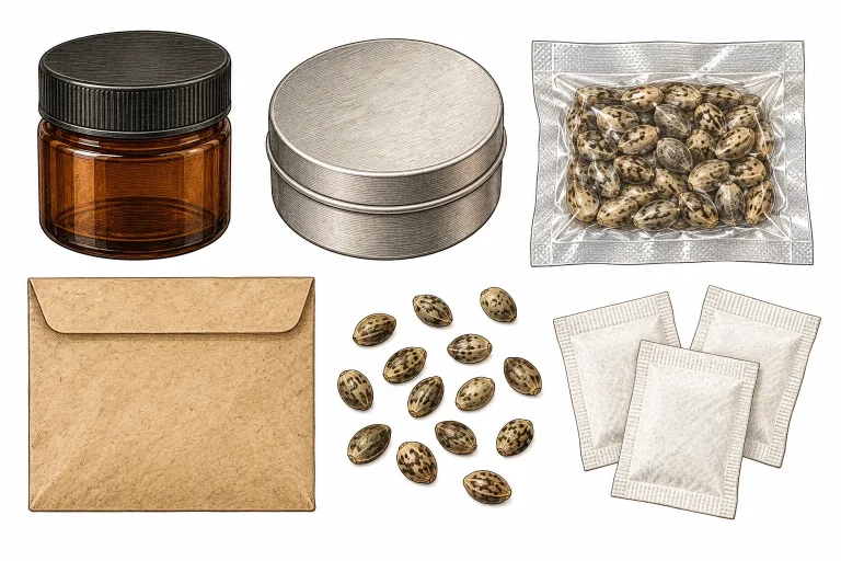 Braunglas, Metalldose, vakuumierter Beutel, Papierumschlag und Silikagel-Päckchen mit Cannabissamen von oben