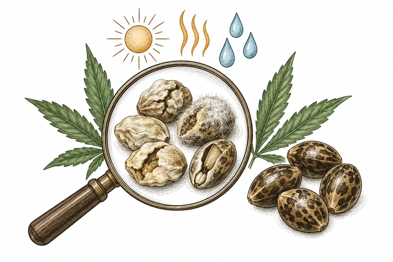 Lupe über geschrumpften, rissigen und verschimmelten Cannabissamen neben gesunden, glänzenden Samen
