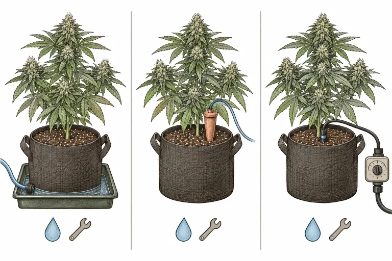 Three-way comparison: cannabis plant with an Autopot tray, with a Blumat ceramic cone, and with a dripper and timer