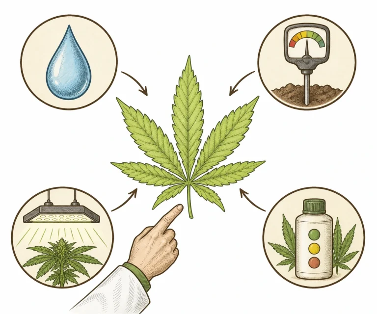 Cannabis Blätter hellgrün Diagnose Checkliste Infografik