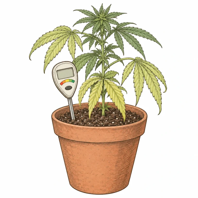 Cannabis Blätter hellgrün pH-Messgerät am Topf