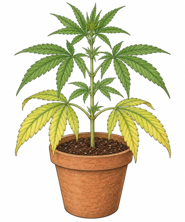 Cannabis Blätter hellgrün Stickstoffmangel an der Basis