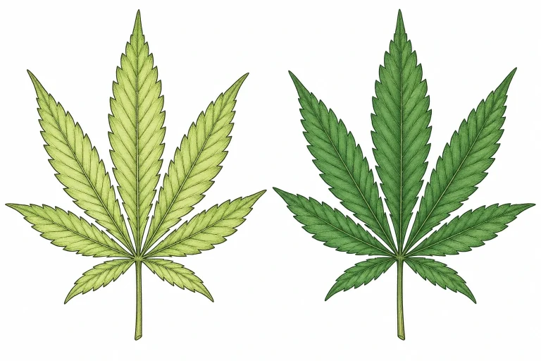 Cannabis Blätter hellgrün im Vergleich zu dunkelgrün