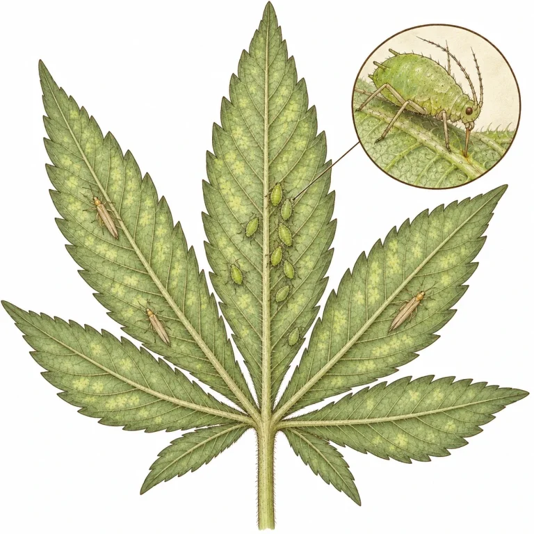 Blattläuse und Thripse auf der Unterseite eines Cannabisblatts, die Viren übertragen können