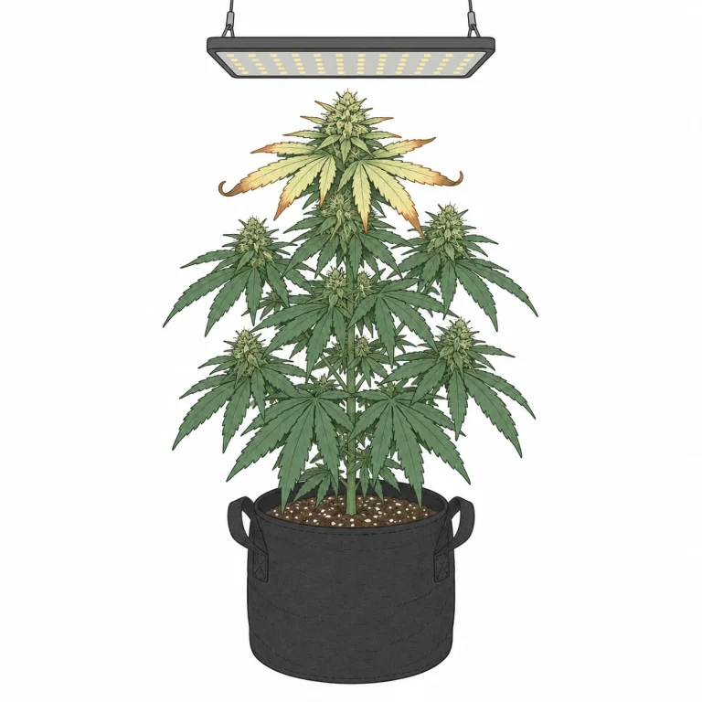 Cannabis leaf tips turning yellow from light burn with an LED hung too close