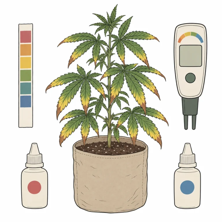 Yellow cannabis leaf tips with pH test strips and pH meter