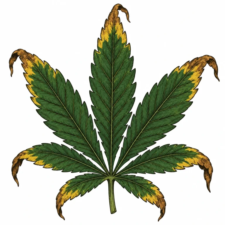 Yellow cannabis leaf tips from nutrient burn with burnt leaf edges