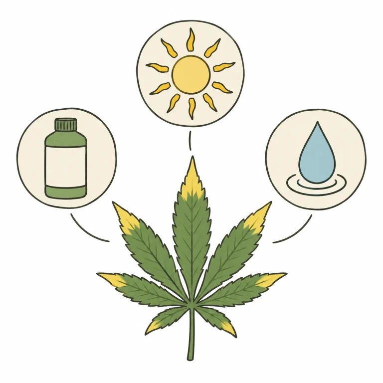 Yellow cannabis leaf tips causes: nutrient burn, heat stress, pH