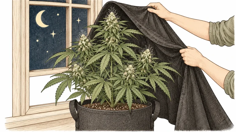 Flowering cannabis plant on a windowsill being covered at night with an opaque cloth