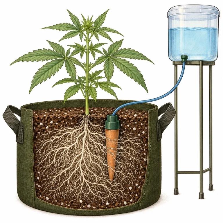 Cross-section of a fabric pot with a Blumat clay cone between cannabis roots and a blue tube leading to a raised water reservoir