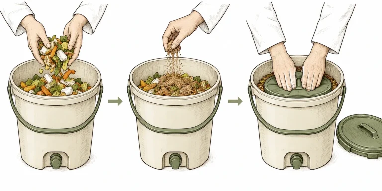 A grower’s hands layering kitchen scraps into a bokashi bucket, sprinkling bran and pressing the layer down