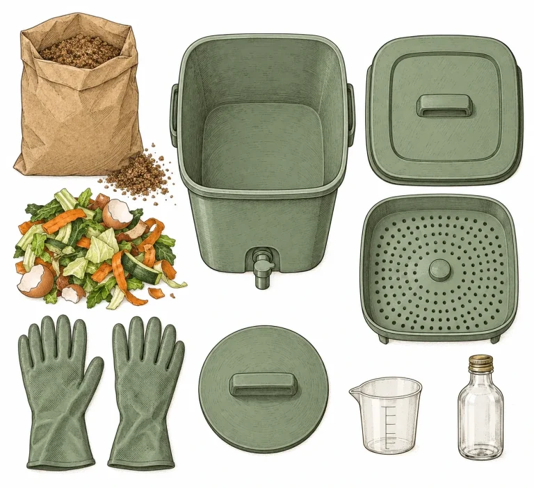 Bokashi gear from above: fermentation bucket with spigot, strainer insert, bran, kitchen scraps and gloves