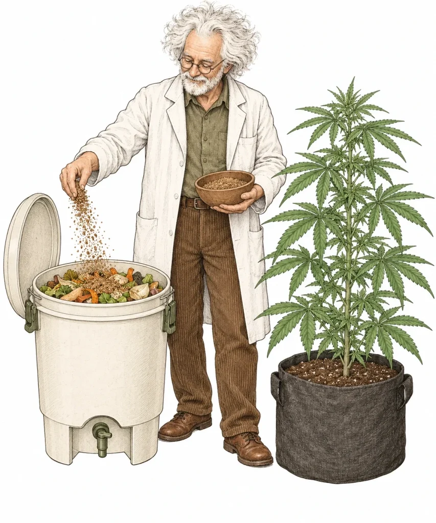 Bokashi cannabis fertilizer: fermentation bucket filled with kitchen scraps next to a cannabis plant