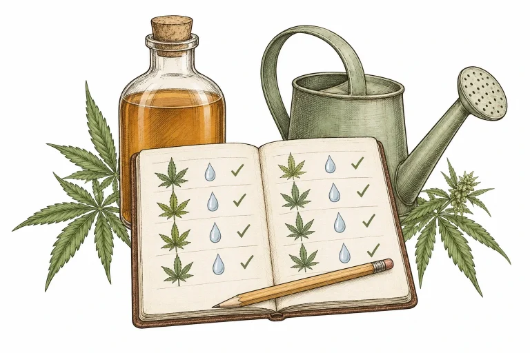 Grow journal with feeding schedule icons next to a bottle of homemade bokashi tea