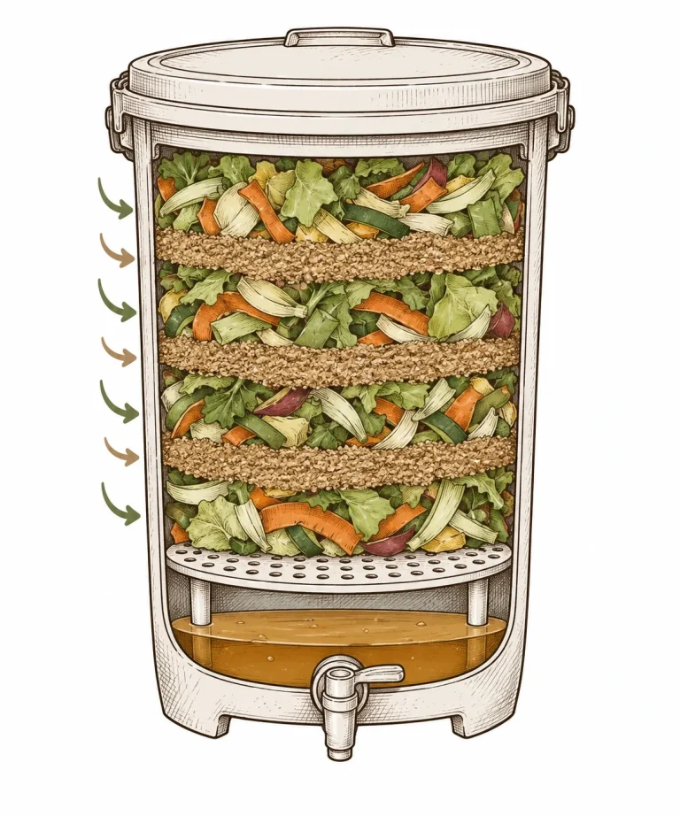 Cross-section of a Bokashi bucket with layers of kitchen scraps and Bokashi bran above the strainer plate
