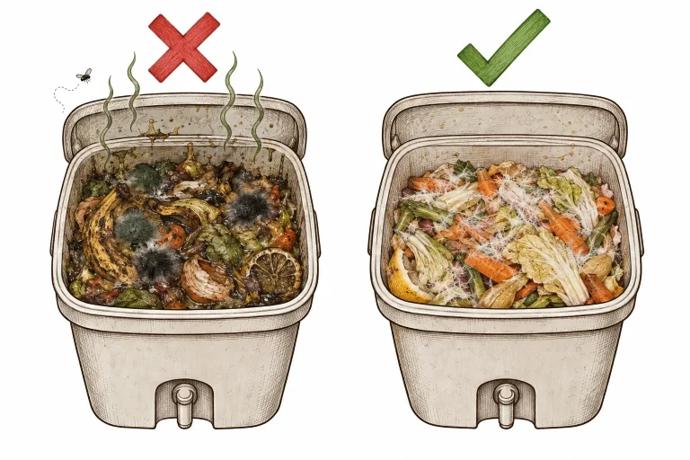 Side-by-side of a spoiled bokashi bucket with black-green mold and a healthy one with white fungal fuzz