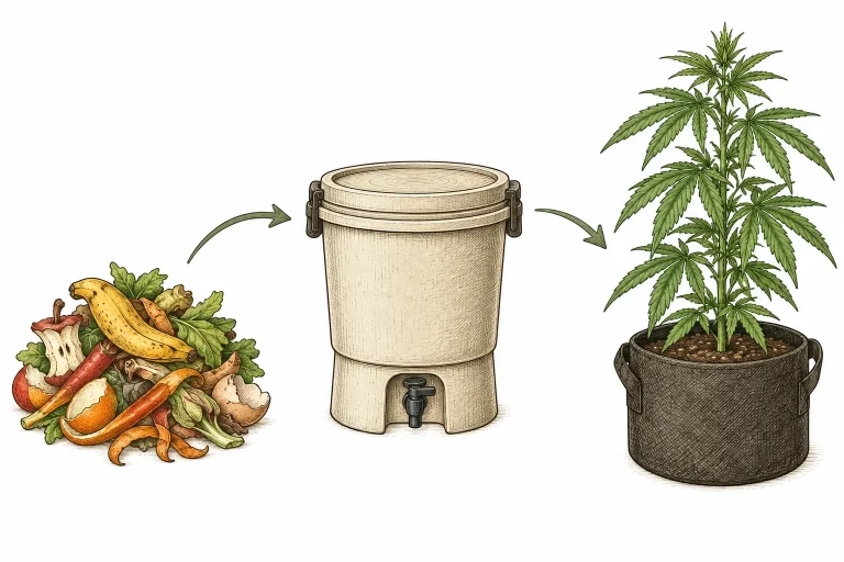 Cycle of kitchen scraps, a Bokashi bucket and a healthy cannabis plant in a fabric pot