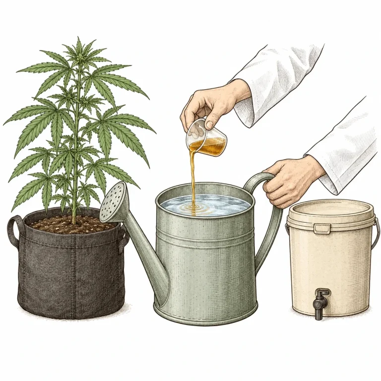 A grower’s hands diluting bokashi juice from a measuring cup into a watering can next to a cannabis plant