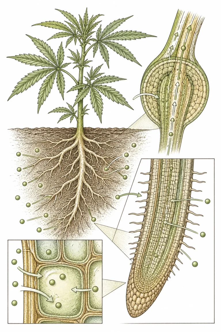 Diagram of boron uptake through cannabis roots and boron toxicity