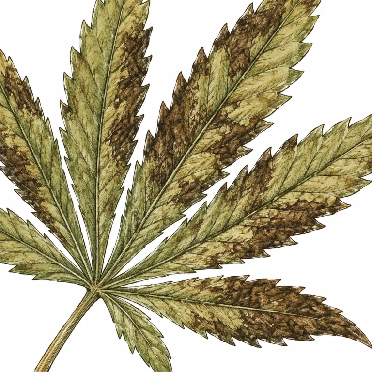 Close-up of hardened, brittle cannabis leaf tissue caused by calcium excess