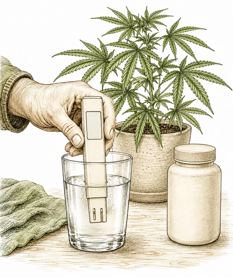 TDS meter measuring water hardness to prevent calcium excess in cannabis
