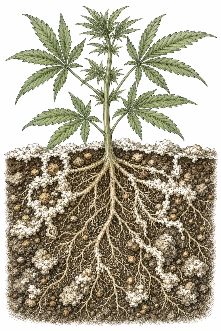 Diagram of calcium excess in cannabis showing deposits in the root zone