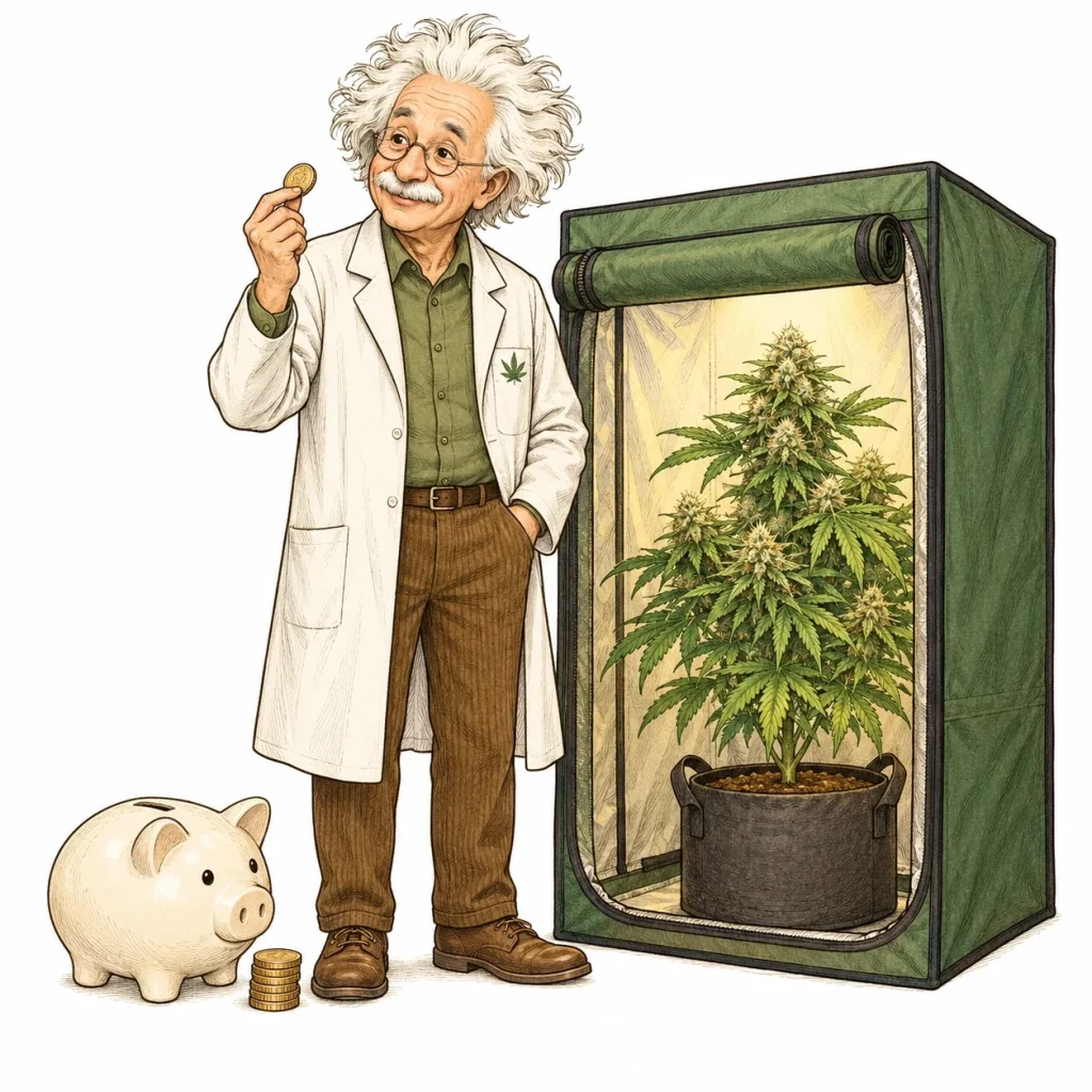 Grow tent with LED light, pots and meters showing the cost to grow cannabis at home
