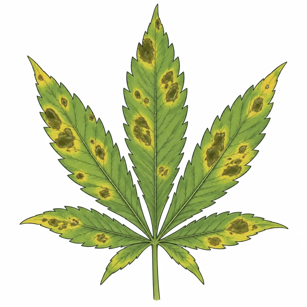 Bacterial leaf spot cannabis: water-soaked, greasy-looking spots with a pale yellow edge on a cannabis leaf