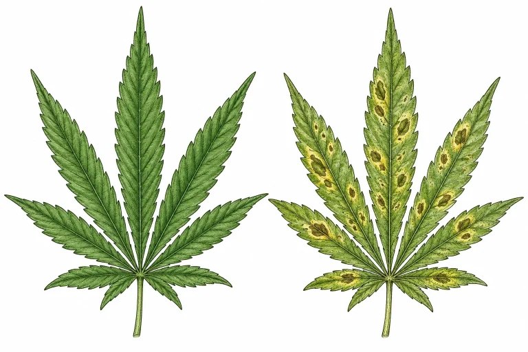 Cannabis bacterial leaf spot, healthy leaf compared to an infected leaf