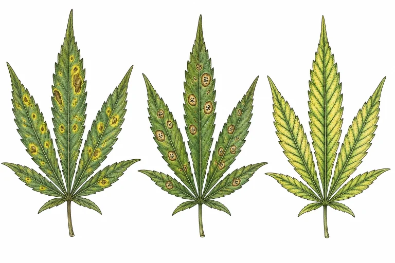 Cannabis bacterial leaf spot compared with fungal leaf spot and nutrient deficiency