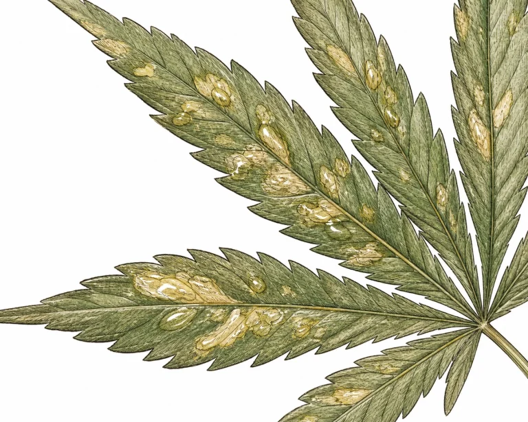 Cannabis bacterial leaf spot, close-up of water-soaked, greasy-looking spots