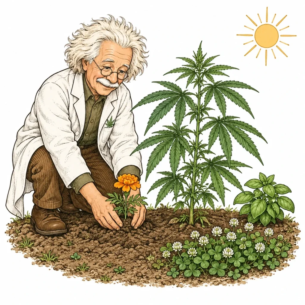 Cannabis companion plants like marigolds, basil and herbs growing around cannabis in an outdoor garden bed