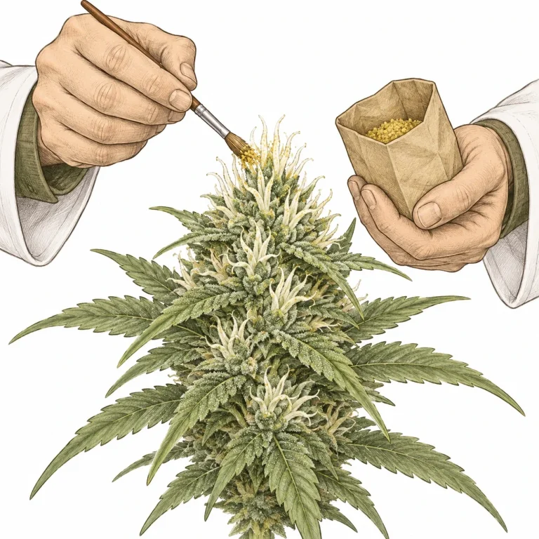 Pollen being dabbed onto the white pistils of a female cannabis flower with a soft brush