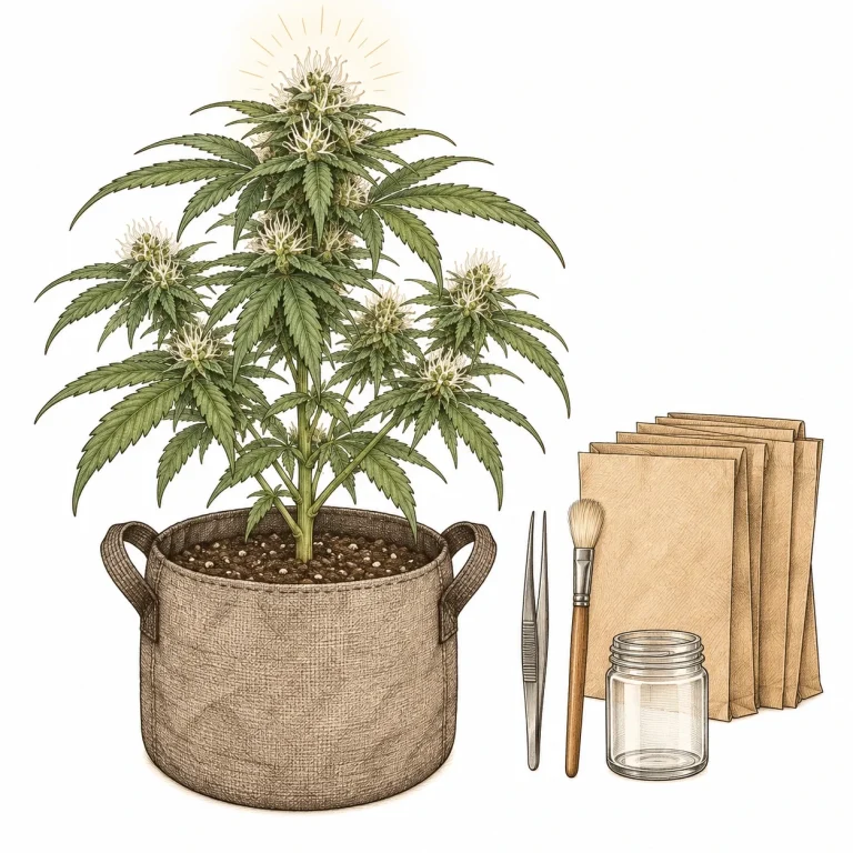 Flowering female cannabis plant in a fabric pot with tweezers, a brush, paper bags and a jar for pollination