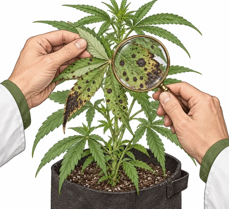 Der PlantMentor prüft Ober- und Unterseite eines Cannabisblatts mit der Lupe