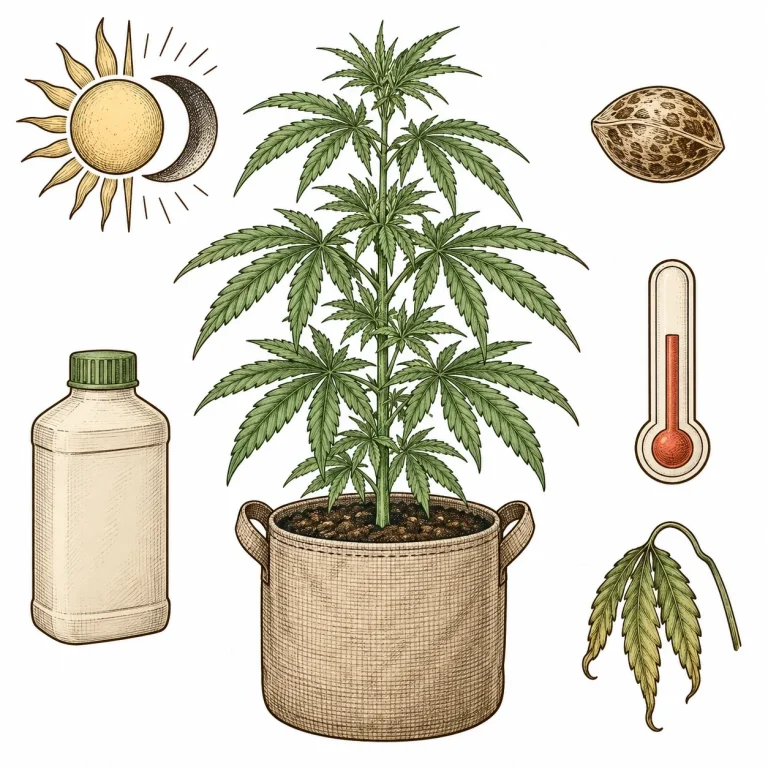 Cannabis plant without flowers, surrounded by icons for light cycle, genetics, nutrients, temperature and stress