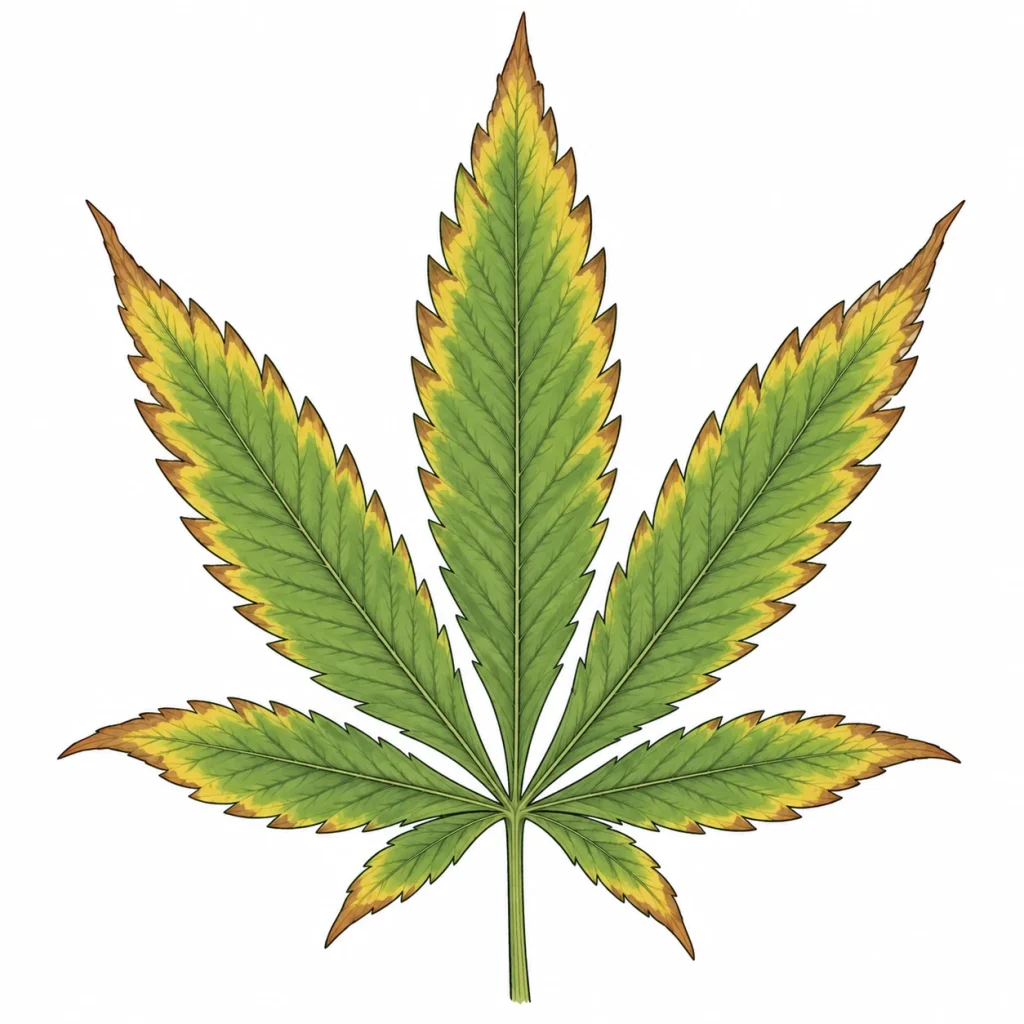 Cannabis leaf with burnt yellow-brown tips and edges, a typical sign of boron toxicity cannabis growers see