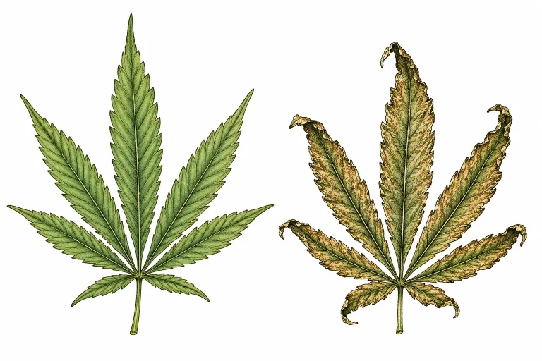 Cannabis Breitmilben bronzefarben gerolltes Blatt Symptom