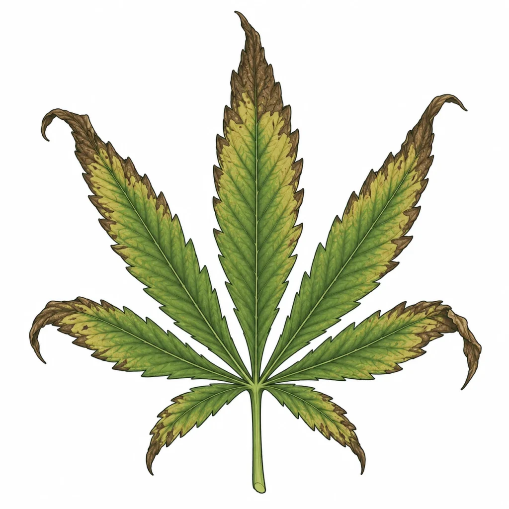Calcium toxicity cannabis symptoms: dark green, stiff leaves with brown necrotic spots on the tips