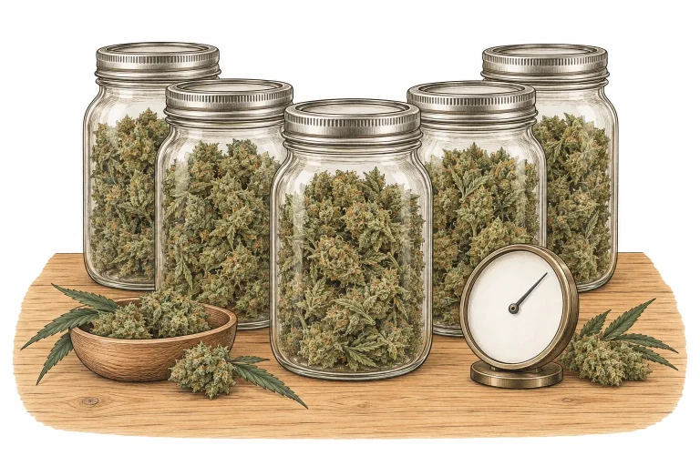 Sealed mason jars filled with dried cannabis buds on a wooden table, next to a hygrometer for curing