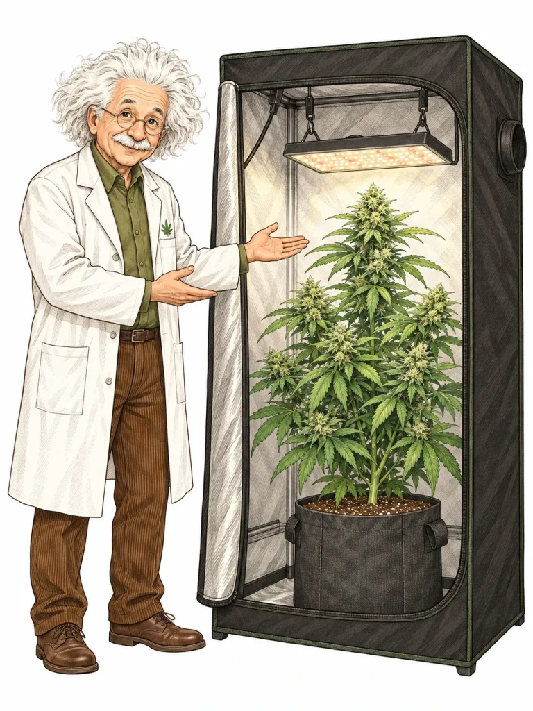 Healthy, dark green cannabis plants in a tidy indoor grow tent